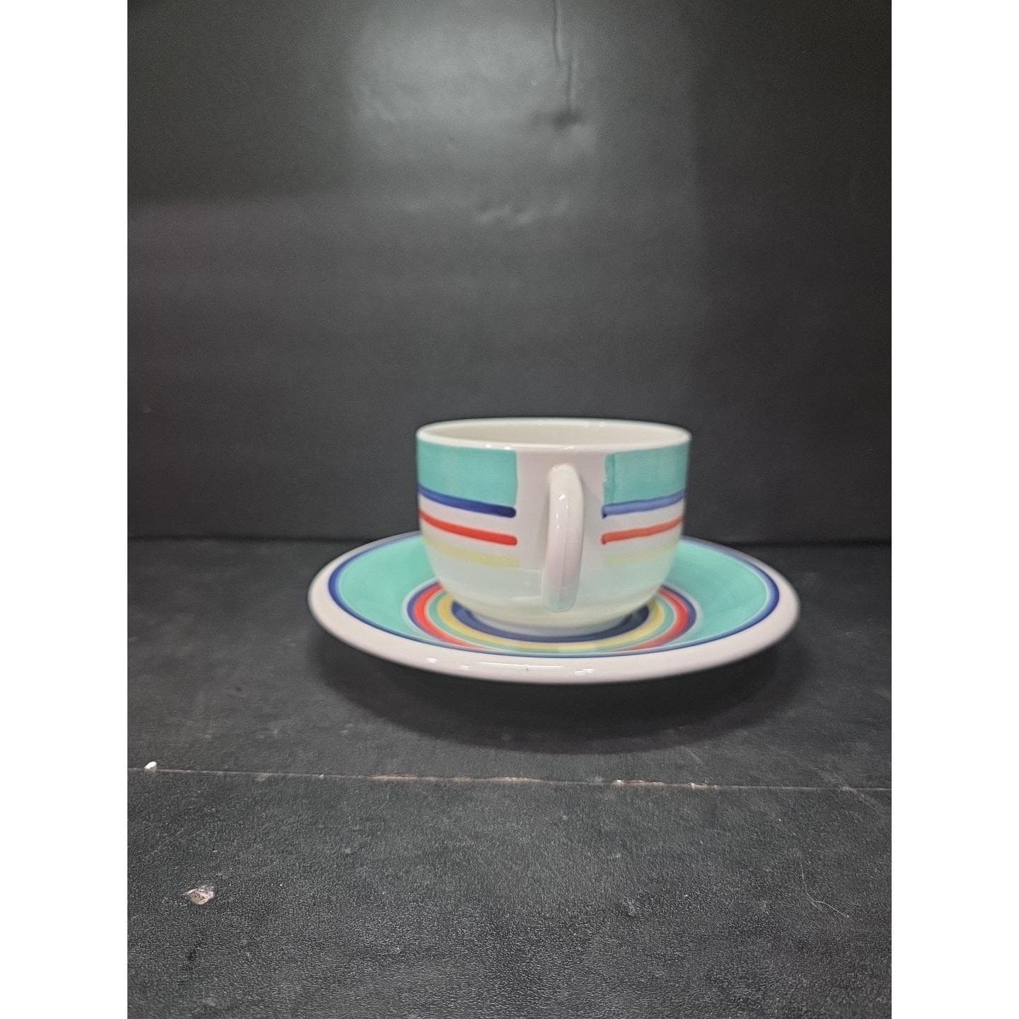 Pier 1 Turquoise Hand Painted Bright Striped Coffee Mug & Saucer, Kitchen Decor - Thumbnail 4