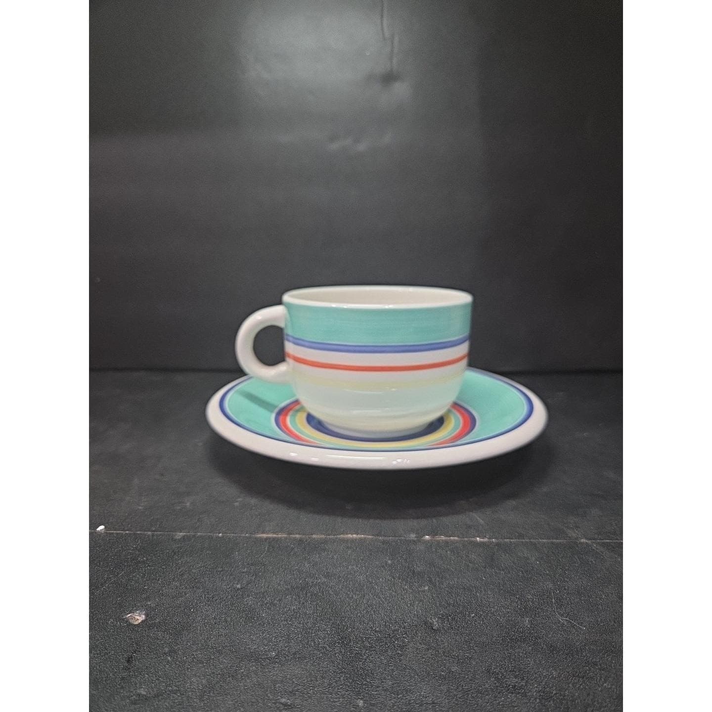 Pier 1 Turquoise Hand Painted Bright Striped Coffee Mug & Saucer, Kitchen Decor - Thumbnail 3
