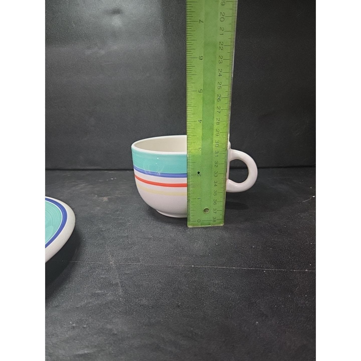 Pier 1 Turquoise Hand Painted Bright Striped Coffee Mug & Saucer, Kitchen Decor - Thumbnail 9