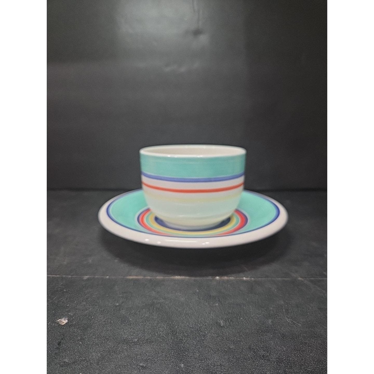 Pier 1 Turquoise Hand Painted Bright Striped Coffee Mug & Saucer, Kitchen Decor - Thumbnail 2