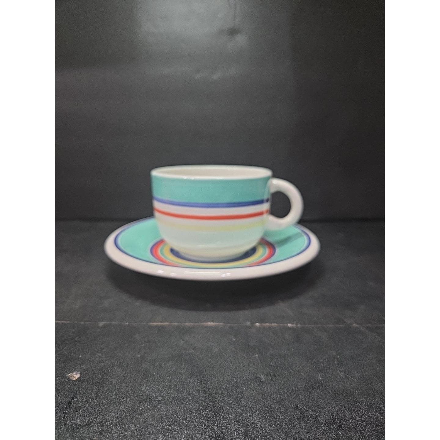 Pier 1 Turquoise Hand Painted Bright Striped Coffee Mug & Saucer, Kitchen Decor