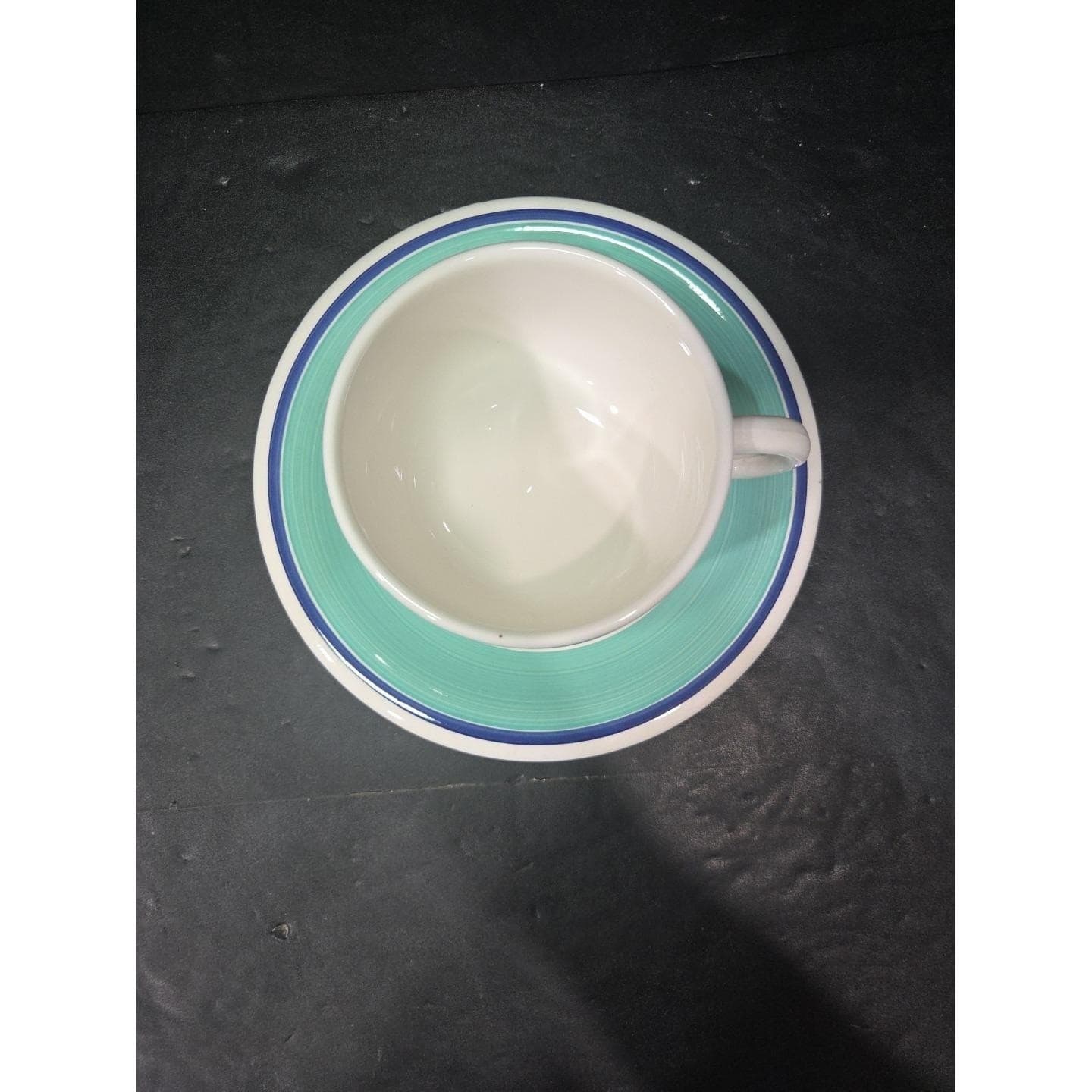 Pier 1 Turquoise Hand Painted Bright Striped Coffee Mug & Saucer, Kitchen Decor - Thumbnail 6