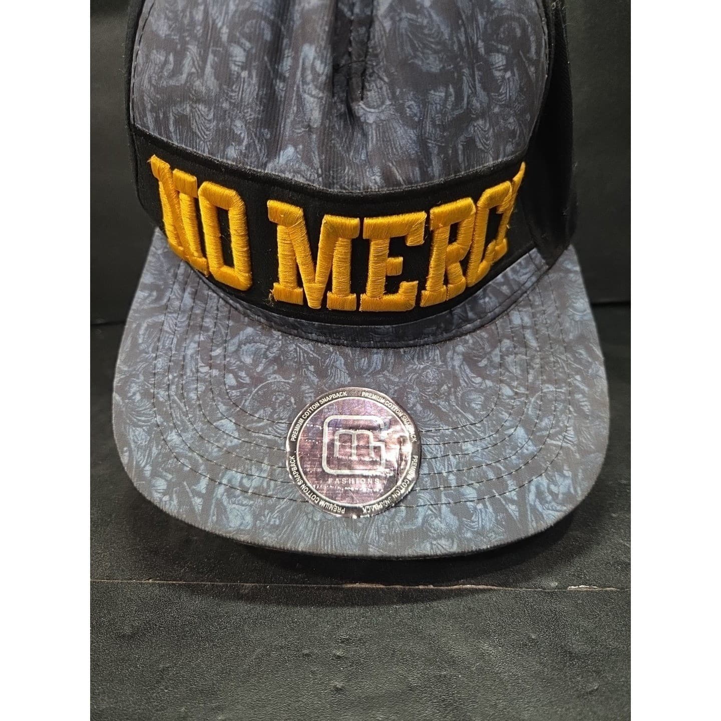 MG Fashions No Mercy Snapback Hat, Black Grey Yellow Embroidered Adjustable Cap - Thumbnail 5