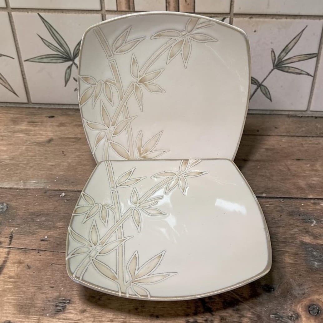 Florida Marketplace Bamboo Design Salad Plates, Set of 2, Vintage Stoneware