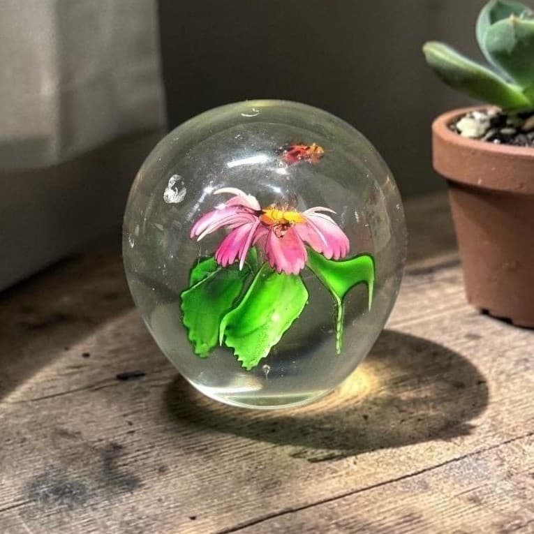 Silvestri Art Glass Paperweight, Purple Flower with Two Bees, Vintage Sculpture