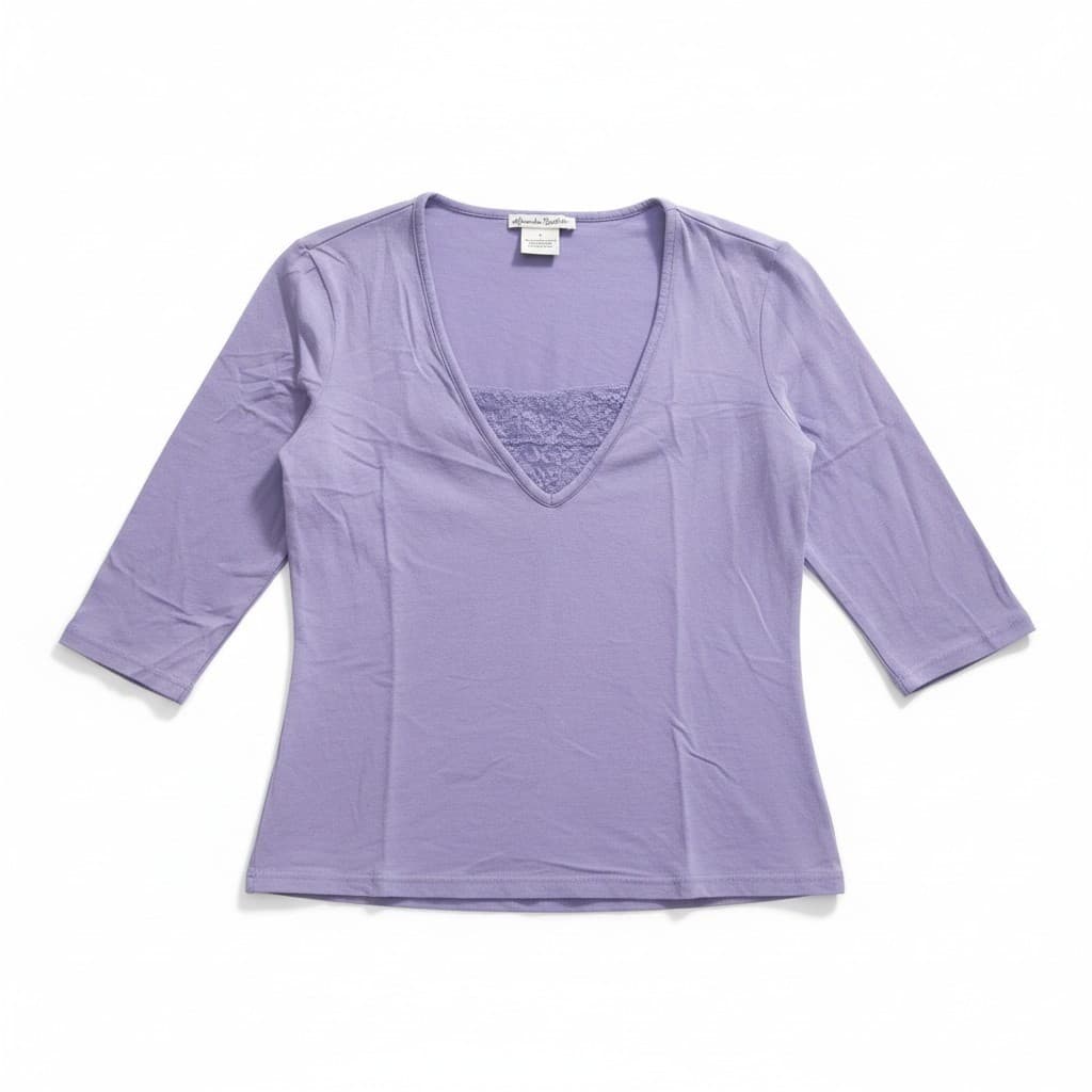 Alexandra Bartlett Purple Pima Cotton Lace V-Neck, Woman's Small Top, 3/4 Sleeve