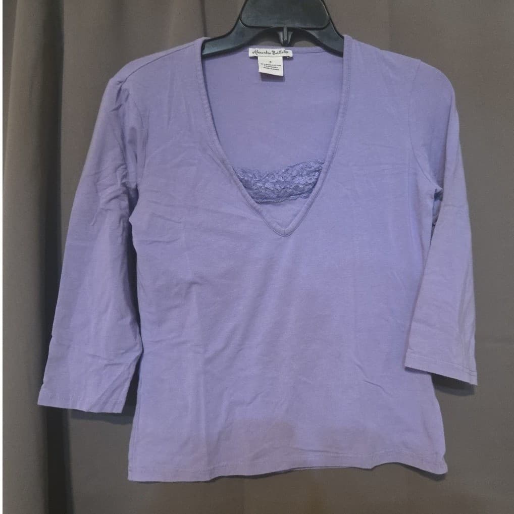 Alexandra Bartlett Purple Pima Cotton Lace V-Neck, Woman's Small Top, 3/4 Sleeve - Thumbnail 3