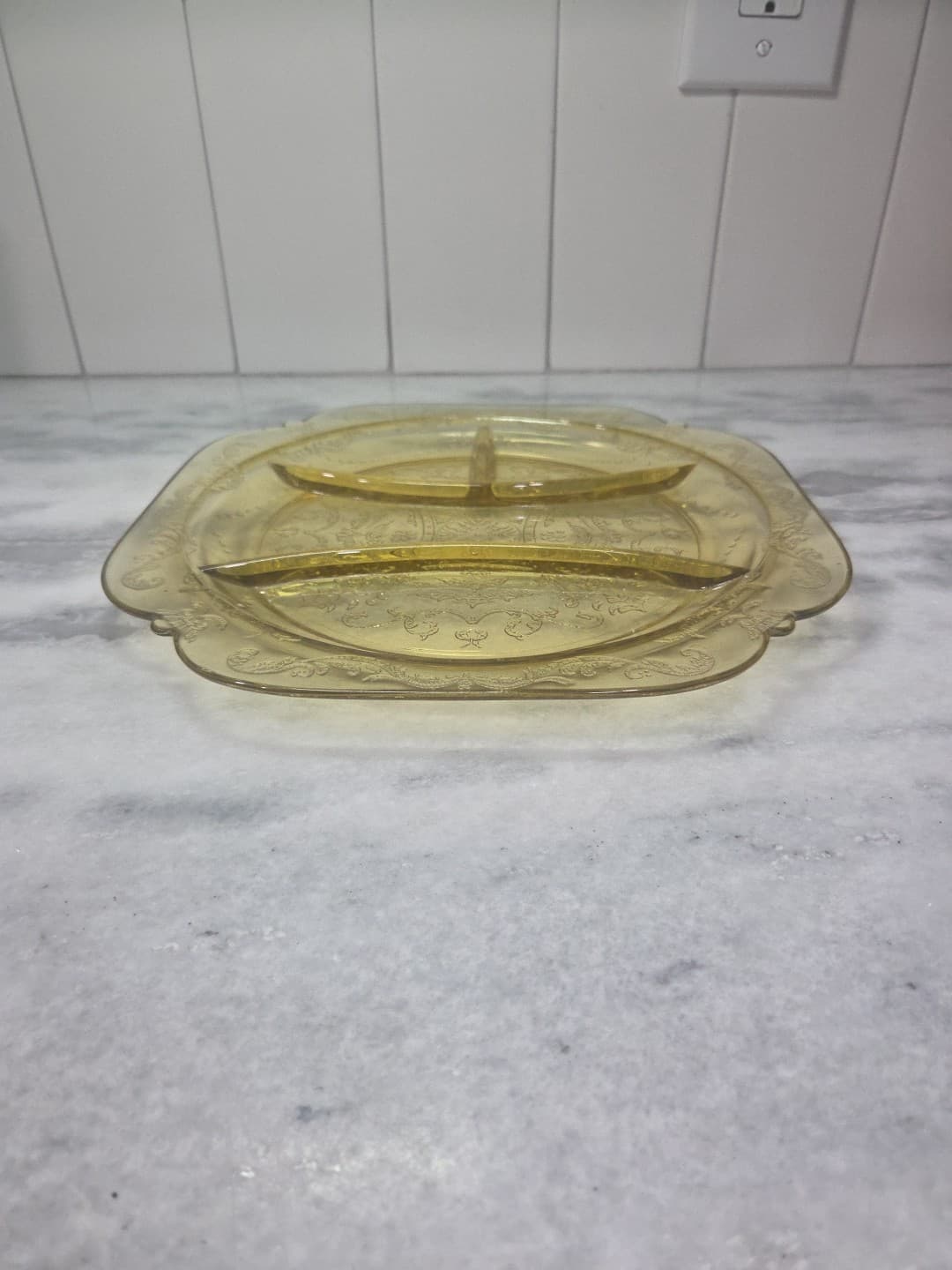 Federal Madrid Depression Glass Plate, 4-Part Divided Amber Yellow 10.25" Plate