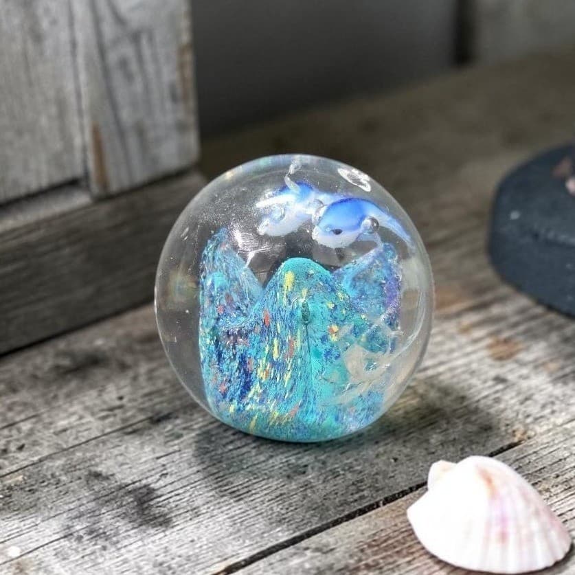 Murano Style Heavy Glass Paperweight, Nautical Seascape, Dolphin and Reef Design