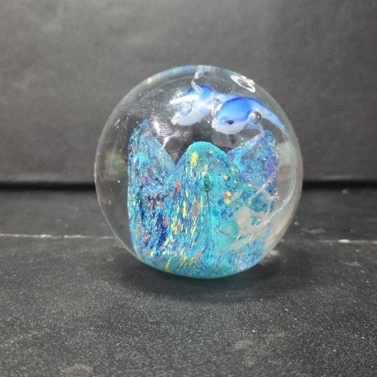 Murano Style Heavy Glass Paperweight, Nautical Seascape, Dolphin and Reef Design - Thumbnail 2