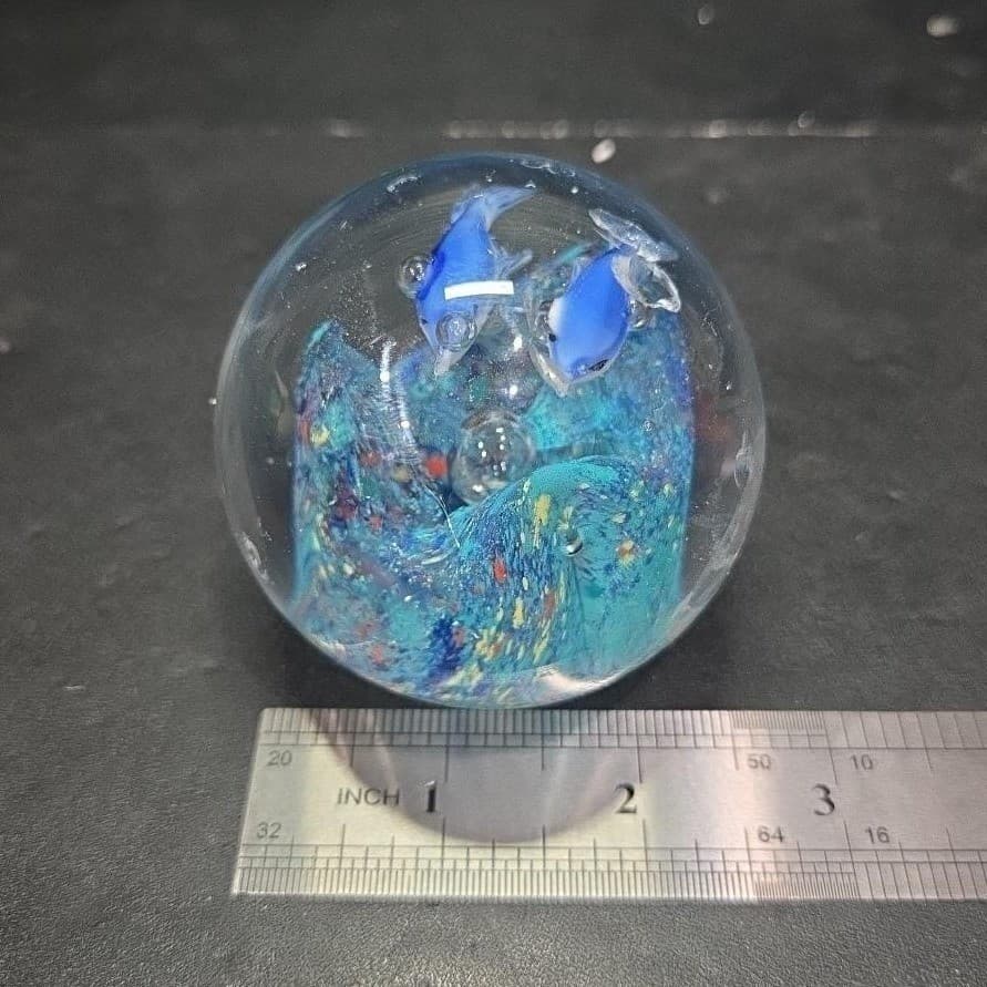 Murano Style Heavy Glass Paperweight, Nautical Seascape, Dolphin and Reef Design - Thumbnail 9