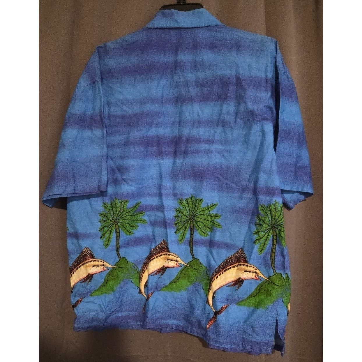 Basix Hawaiian Shirt Blue Marlin Palm Tree Cotton Camp Button Down, Men's Medium - Thumbnail 4