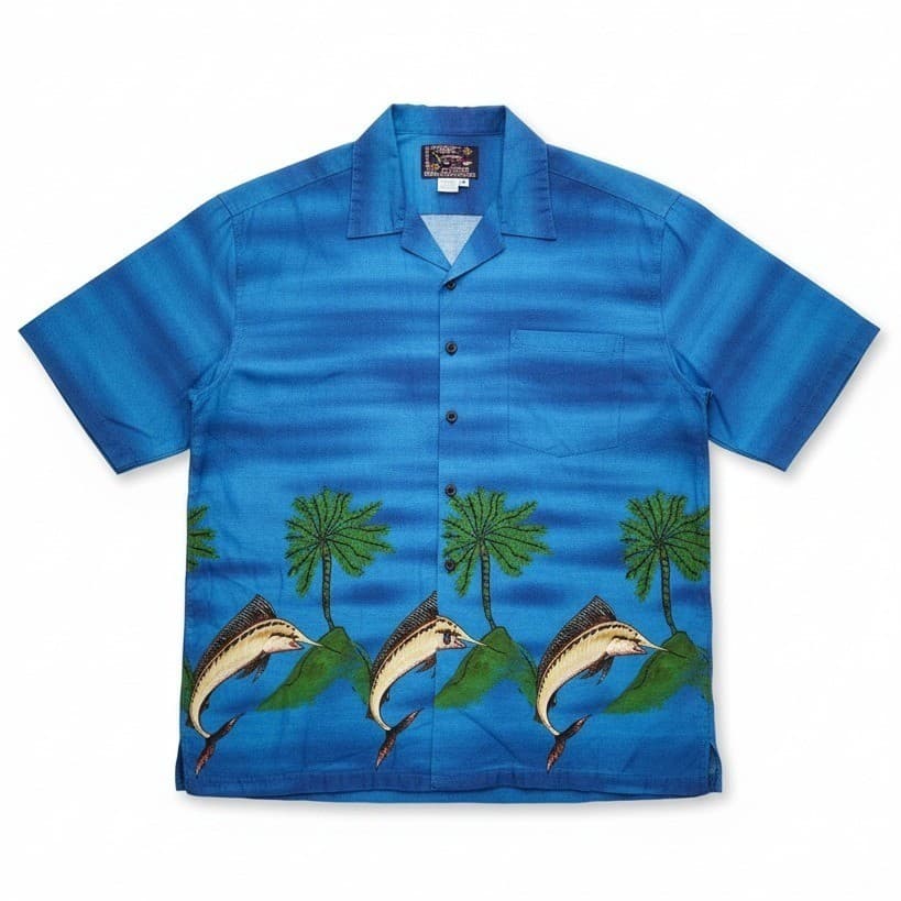 Basix Hawaiian Shirt Blue Marlin Palm Tree Cotton Camp Button Down, Men's Medium