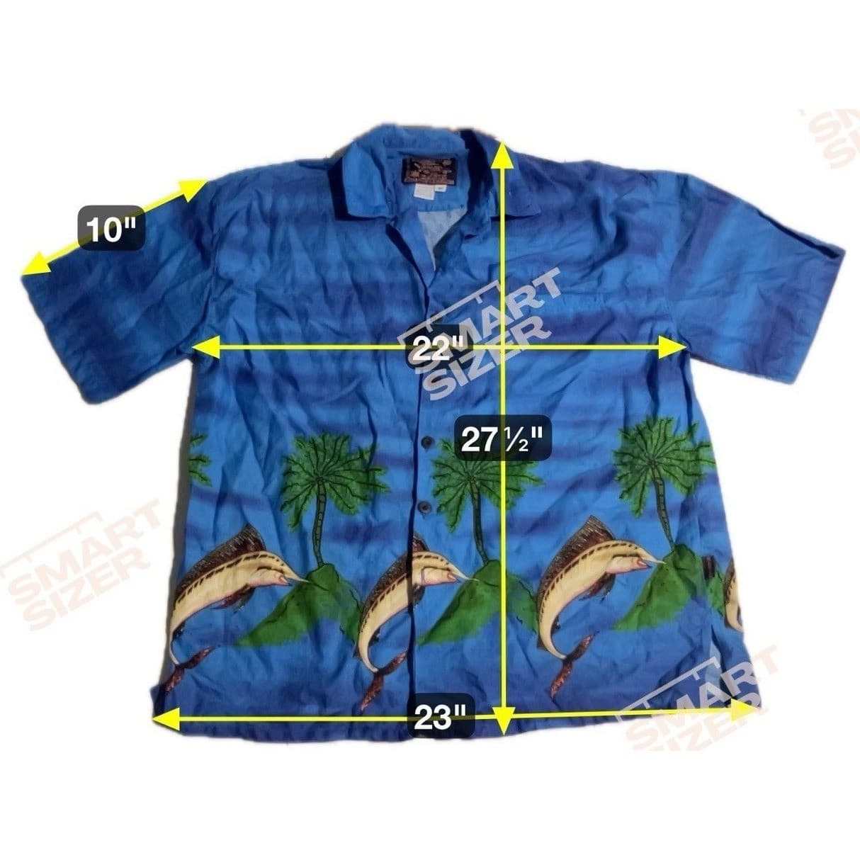 Basix Hawaiian Shirt Blue Marlin Palm Tree Cotton Camp Button Down, Men's Medium - Thumbnail 2