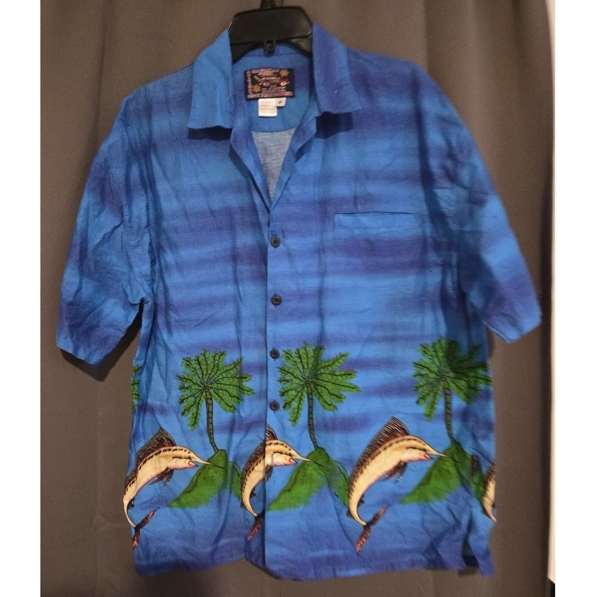 Basix Hawaiian Shirt Blue Marlin Palm Tree Cotton Camp Button Down, Men's Medium - Thumbnail 3