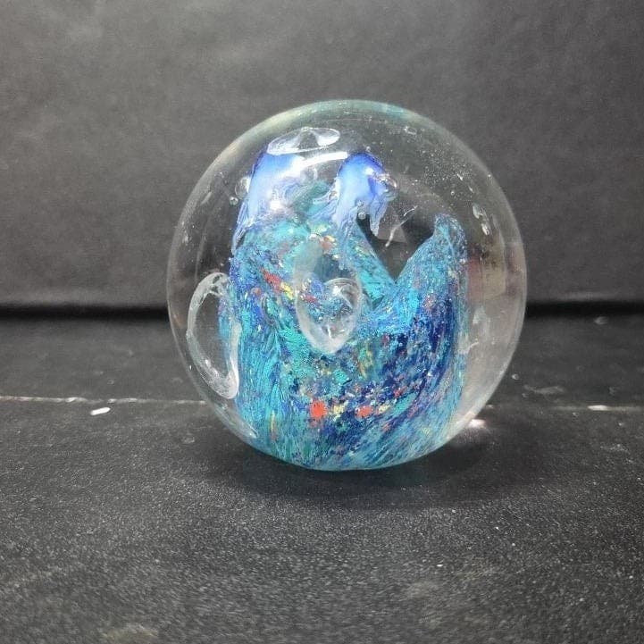 Murano Style Heavy Glass Paperweight, Nautical Seascape, Dolphin and Reef Design - Thumbnail 4