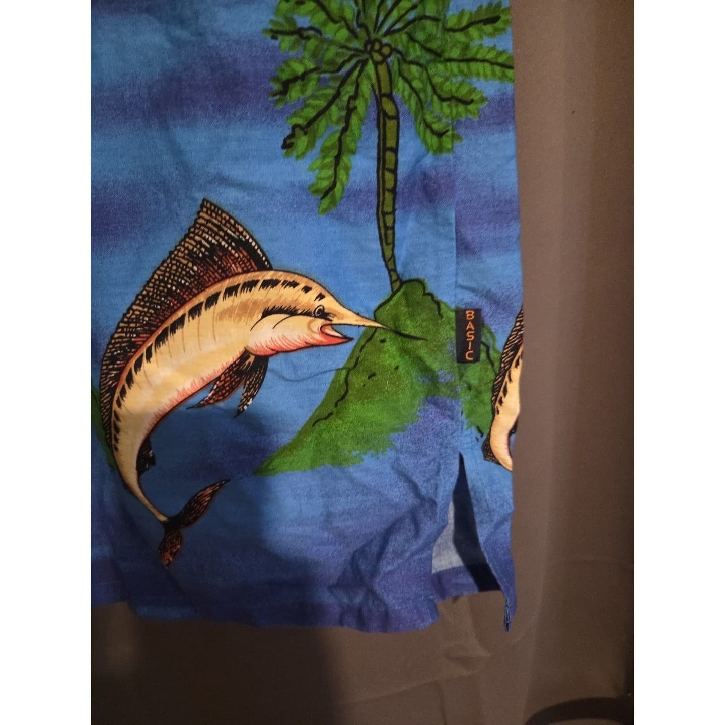 Basix Hawaiian Shirt Blue Marlin Palm Tree Cotton Camp Button Down, Men's Medium - Thumbnail 8