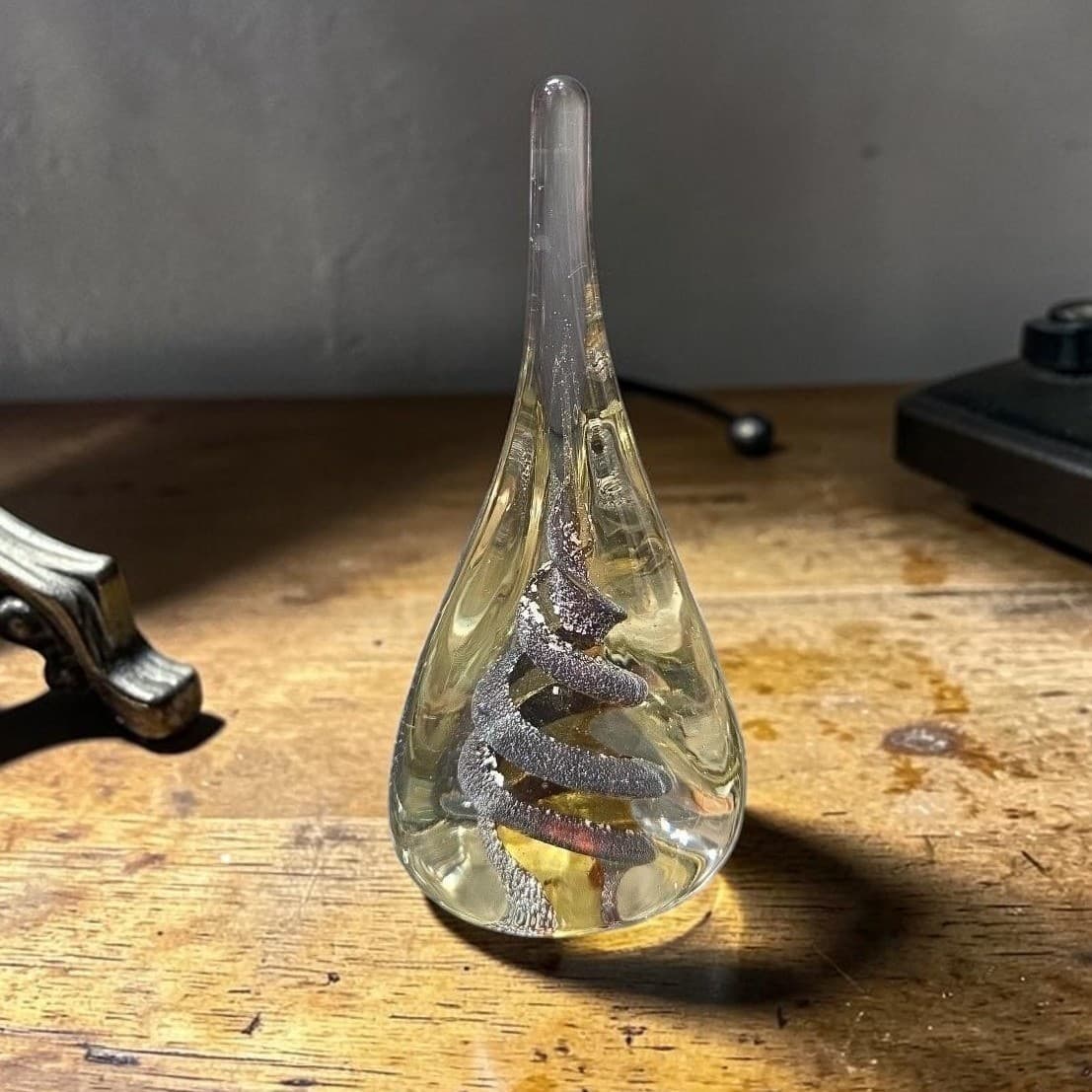 Teardrop Shaped Large Paperweight, Clear Glass Silver Swirls, Vintage Sculpture