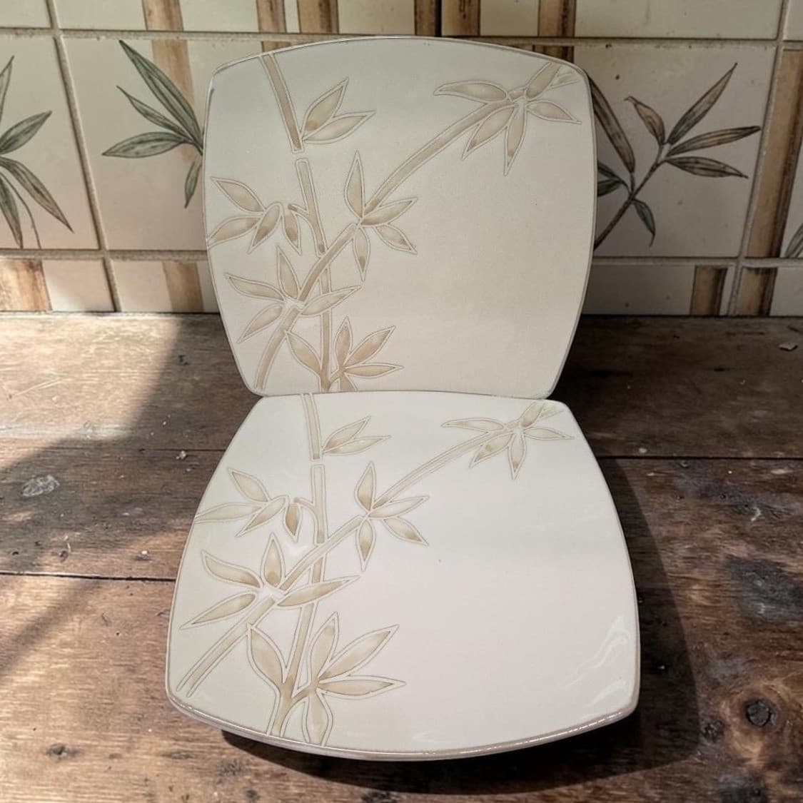 Florida Marketplace Bamboo Design Dinner Plate, Set of 2, Vintage Stoneware