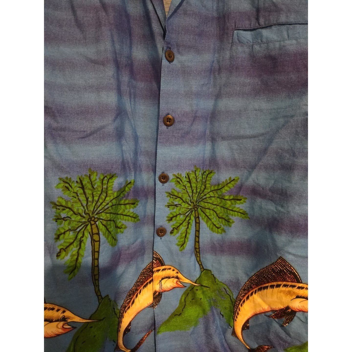 Basix Hawaiian Shirt Blue Marlin Palm Tree Cotton Camp Button Down, Men's Medium - Thumbnail 7