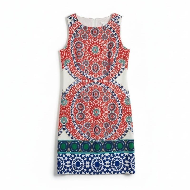 London Times Red Blue Kaleidoscope Medallion Sheath Dress, Woman's Size 8