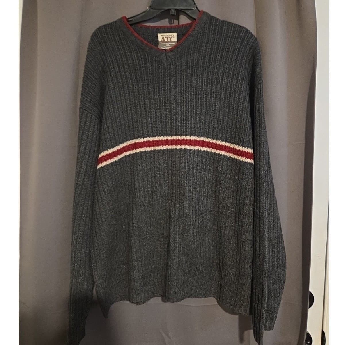 Adirondack Trading Company Charcoal Gray Stripd V-Neck Ribbed Sweater, Men's XL - Thumbnail 3