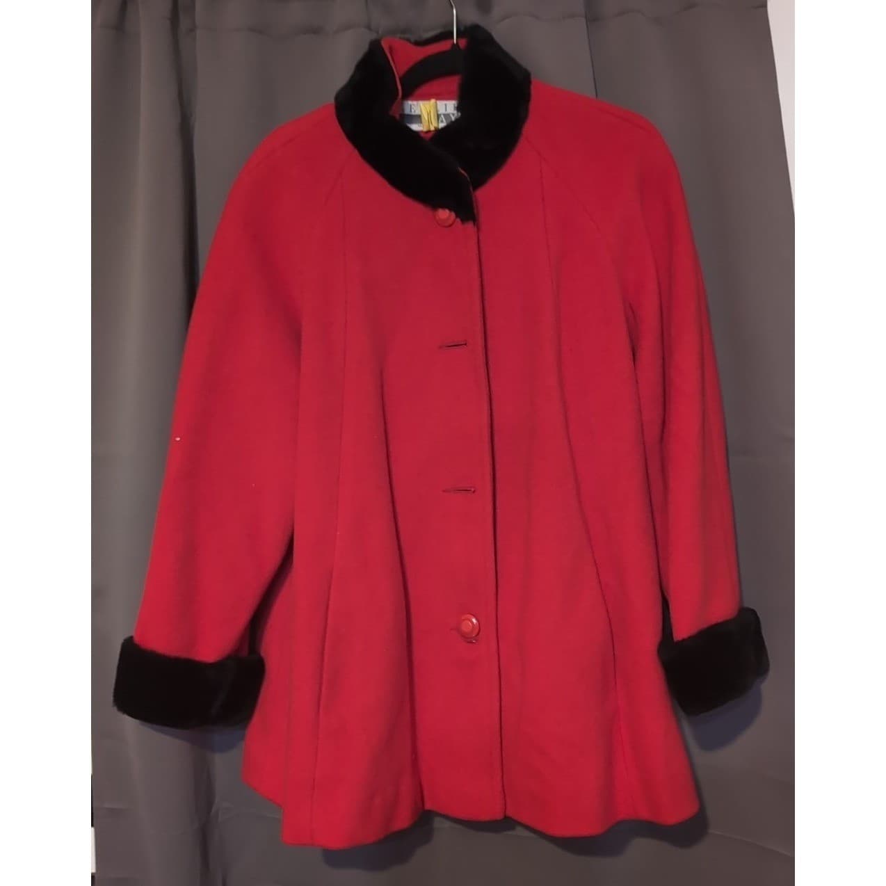 Leslie Fay Vintage Red Wool Coat Faux Fur Collar Cuffs, Woman's Medium, USA Made - Thumbnail 3