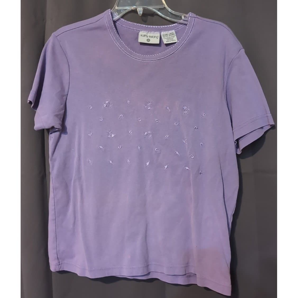 Kathy Ireland Lavender Purple Tee, Embroidered Floral Cotton T-Shirt, Women's XL - Thumbnail 3