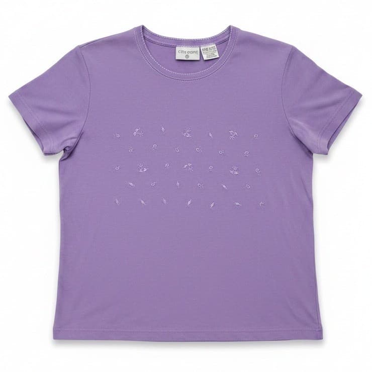 Kathy Ireland Lavender Purple Tee, Embroidered Floral Cotton T-Shirt, Women's XL