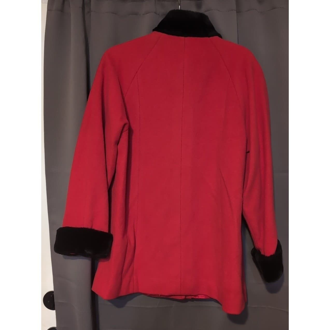 Leslie Fay Vintage Red Wool Coat Faux Fur Collar Cuffs, Woman's Medium, USA Made - Thumbnail 4