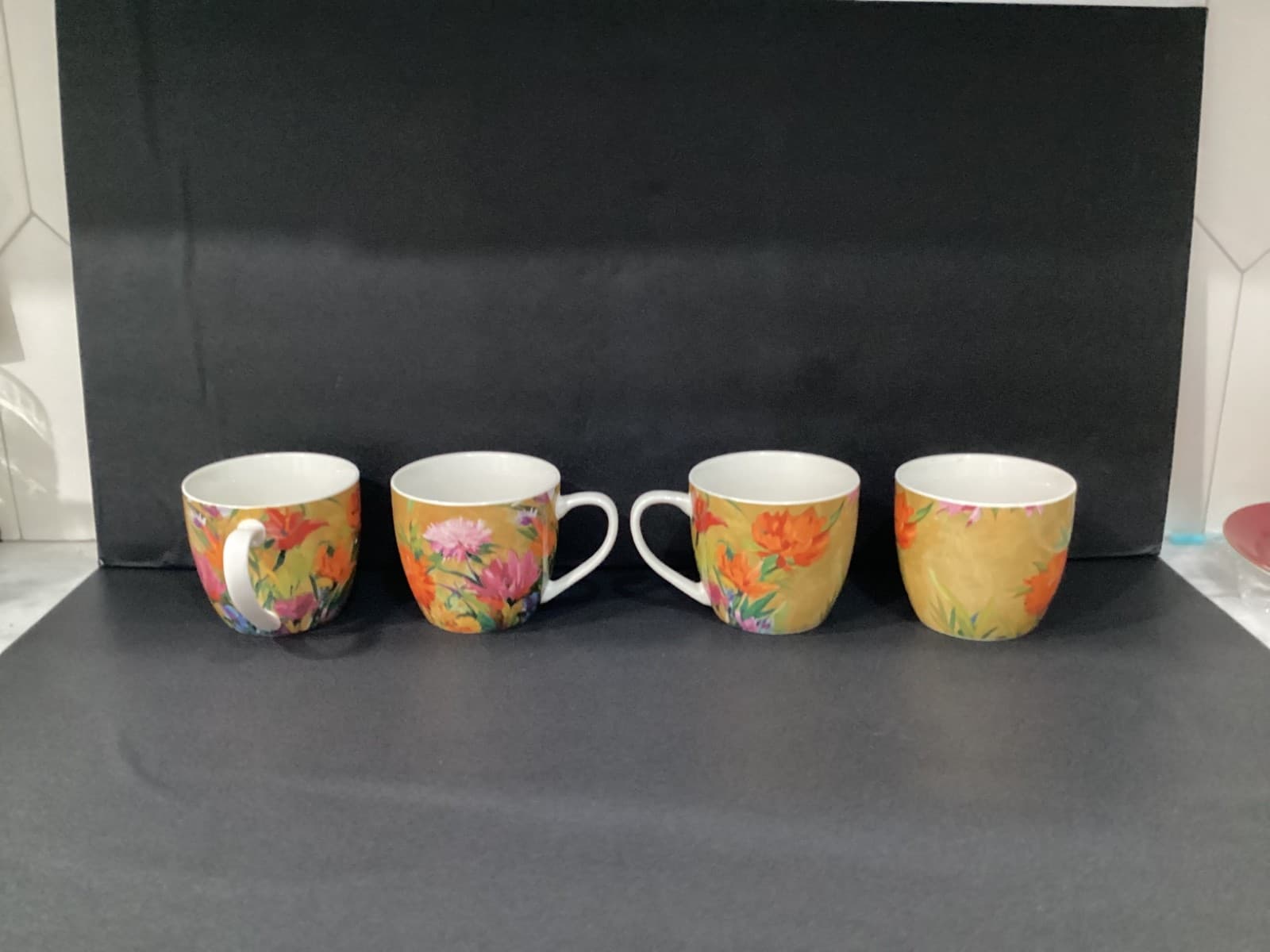 Pimpernel Floral Coffee Mug Cup Pink & Orange Blooms Botanical Garden Set of 4