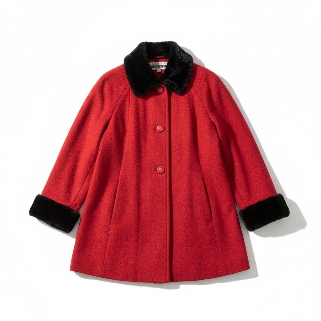Leslie Fay Vintage Red Wool Coat Faux Fur Collar Cuffs, Woman's Medium, USA Made