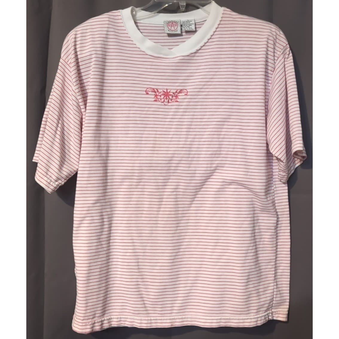 American Weekend Vintage Pink Striped Embroidered Floral T-Shirt, Women's Large - Thumbnail 3