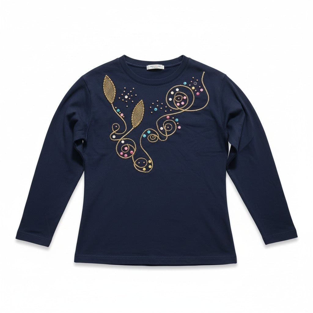 Barclay Originals of Miami Navy Blue Embellished Long Sleeve Top, Woman's Small