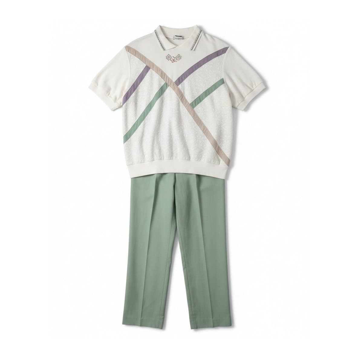 Cricket Lane Vtg 2 Piece Set, Sage Green Pants & Floral Polo Top, Women's Large