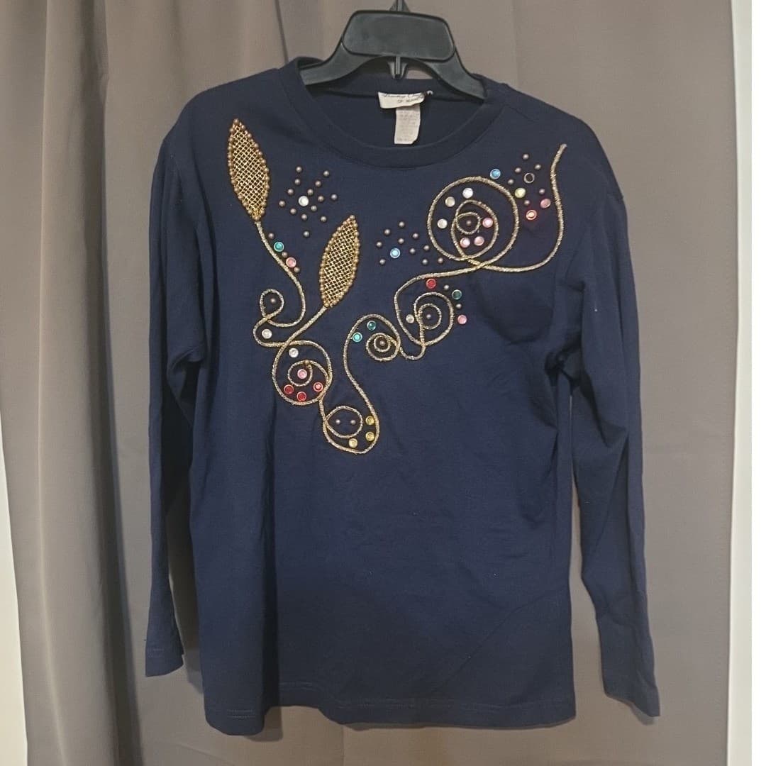 Barclay Originals of Miami Navy Blue Embellished Long Sleeve Top, Woman's Small - Thumbnail 3