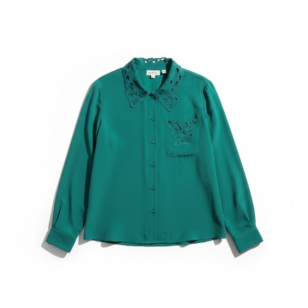 Tigi Sport Vintage Teal Green Embroidered Cut Out Collar Blouse, Woman's Size 8