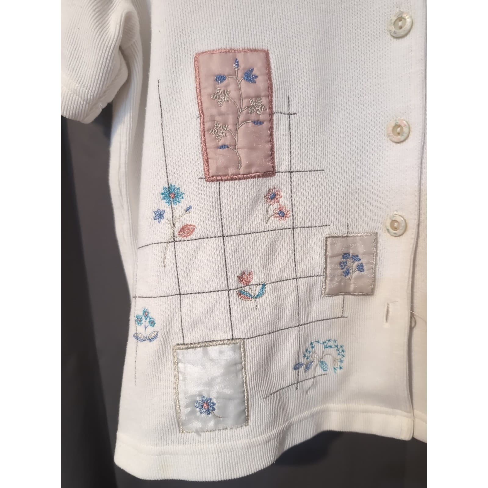 Teddi White Ribbed Knit Short Sleeve Cardigan, Floral Embroidered, Women's Large - Thumbnail 8