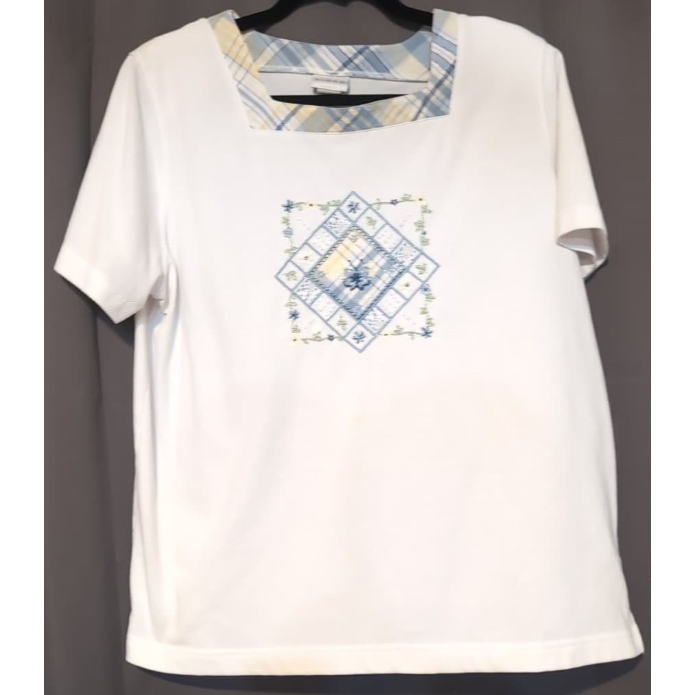 Koret White Square Neck Plaid Trim Embroidered Beaded Top, Women's Large 1631616 - Thumbnail 2