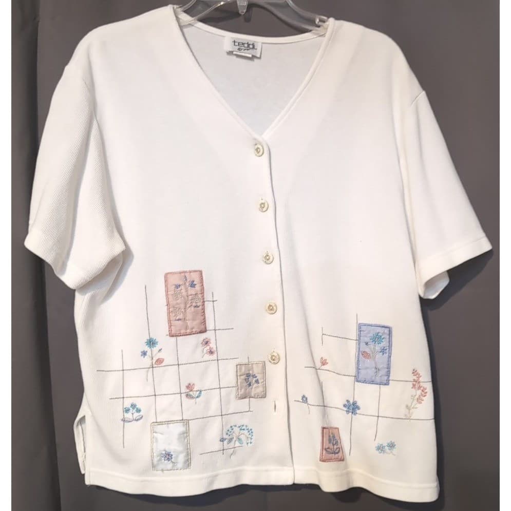 Teddi White Ribbed Knit Short Sleeve Cardigan, Floral Embroidered, Women's Large - Thumbnail 3