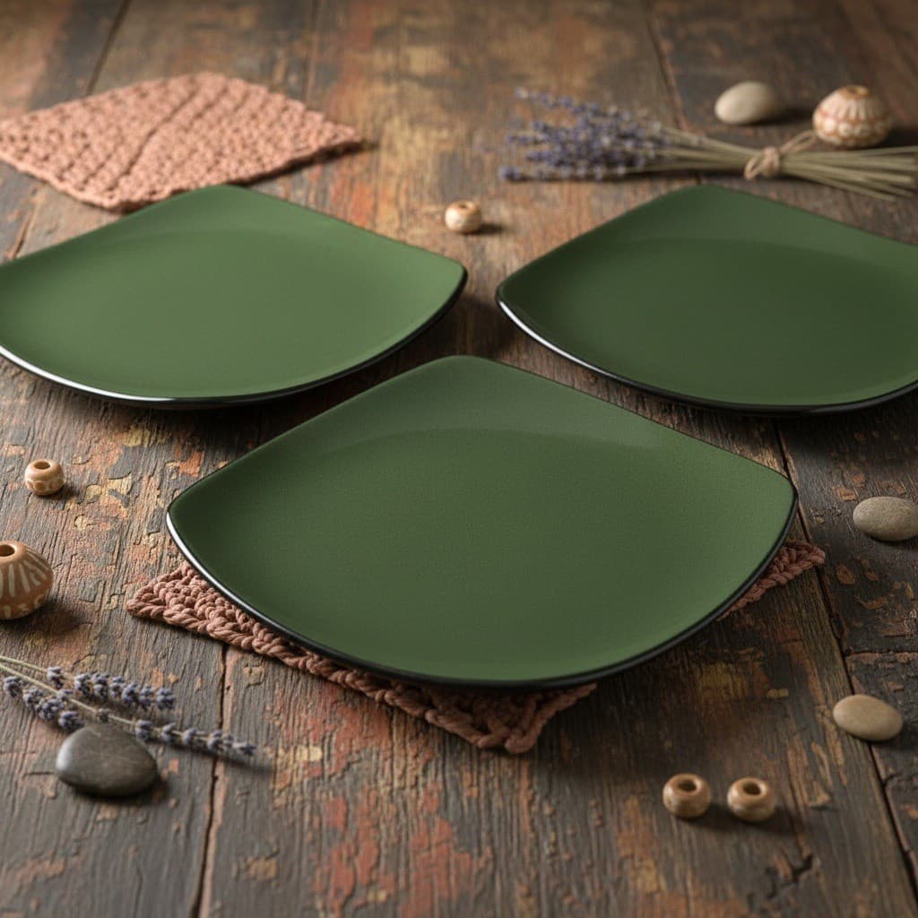 Corelle Hearthstone Bay Leaf Green Salad Plates, Set of 3, Square Stoneware