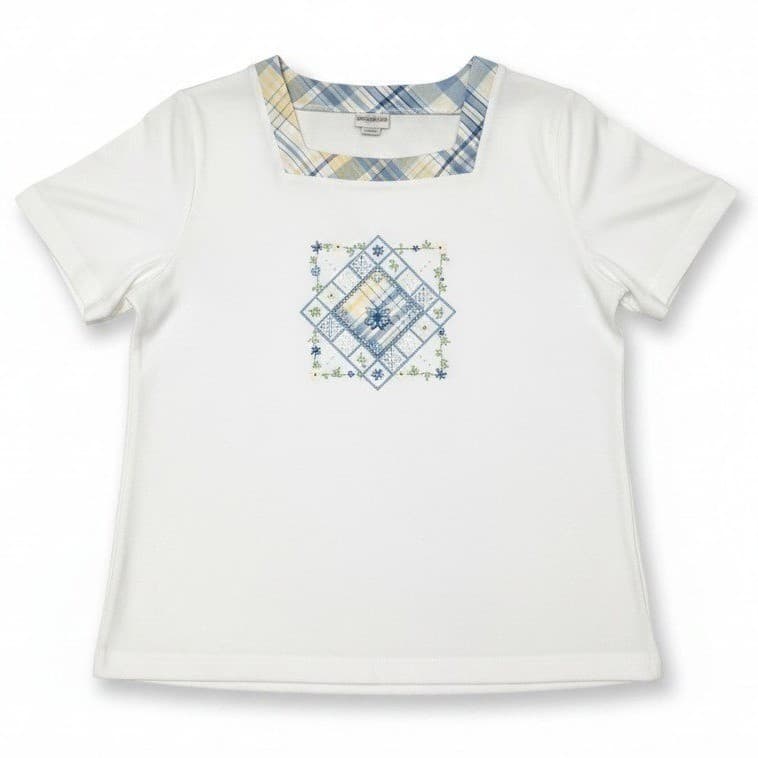 Koret White Square Neck Plaid Trim Embroidered Beaded Top, Women's Large 1631616