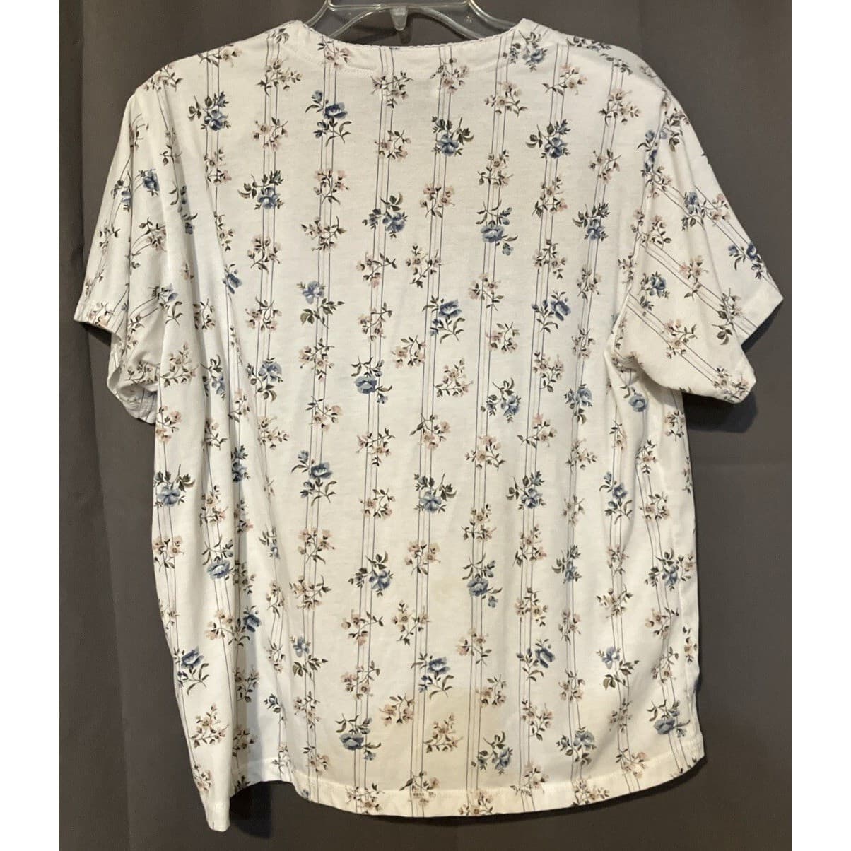 Palm Harbour Floral Stripe Henley Top, White Blue Short Sleeve, Women's Medium - Thumbnail 4