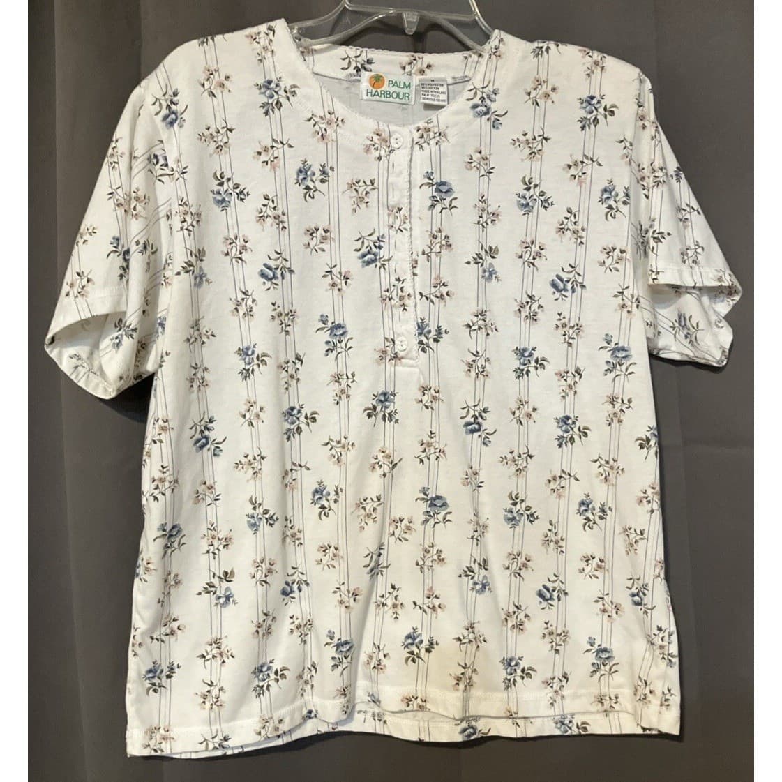 Palm Harbour Floral Stripe Henley Top, White Blue Short Sleeve, Women's Medium - Thumbnail 3