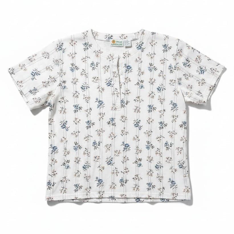 Palm Harbour Floral Stripe Henley Top, White Blue Short Sleeve, Women's Medium