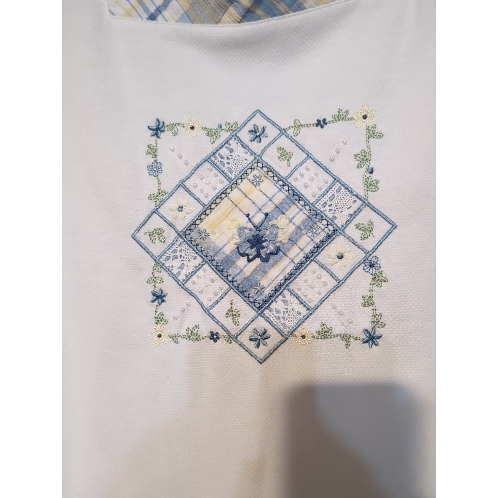 Koret White Square Neck Plaid Trim Embroidered Beaded Top, Women's Large 1631616 - Thumbnail 7