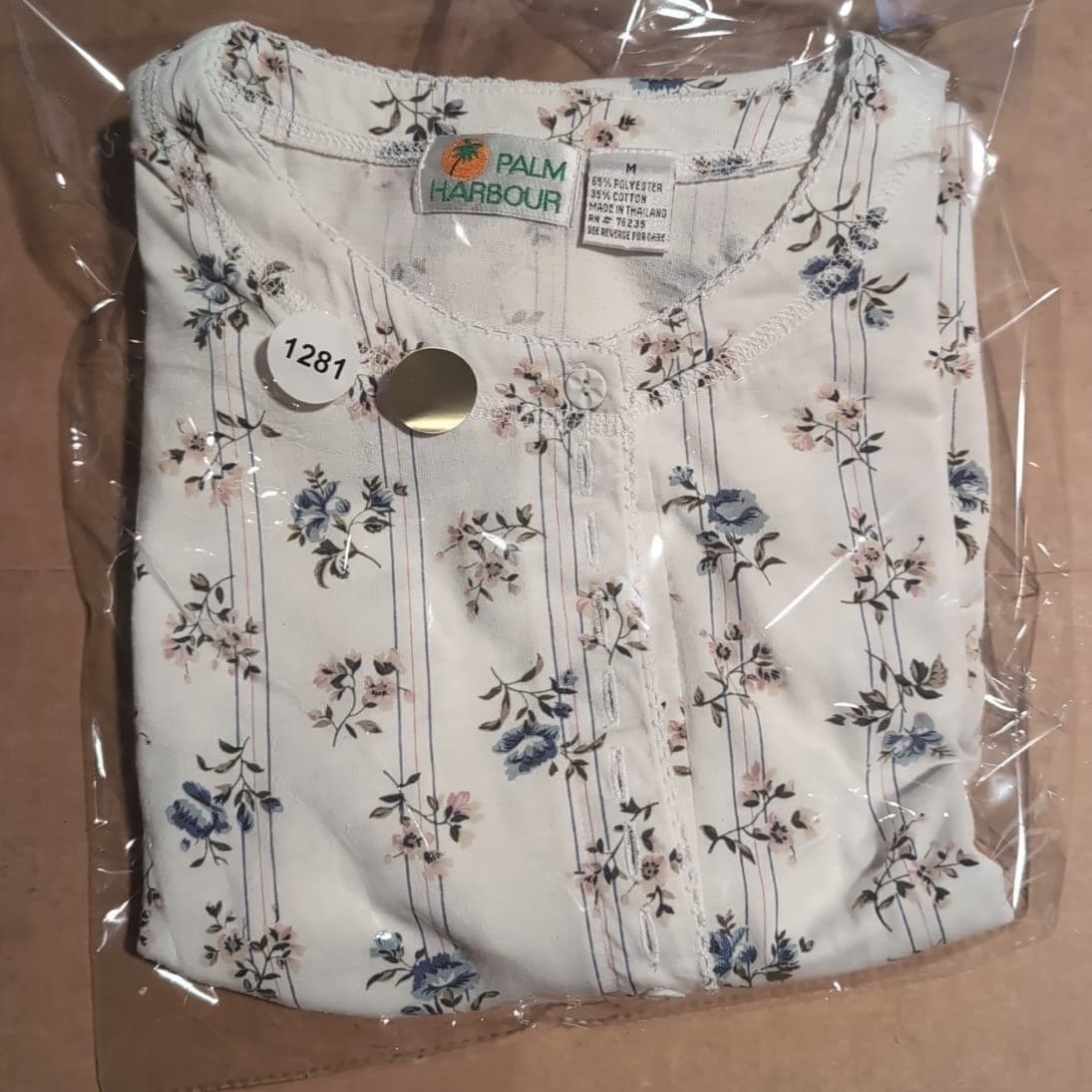 Palm Harbour Floral Stripe Henley Top, White Blue Short Sleeve, Women's Medium - Thumbnail 8