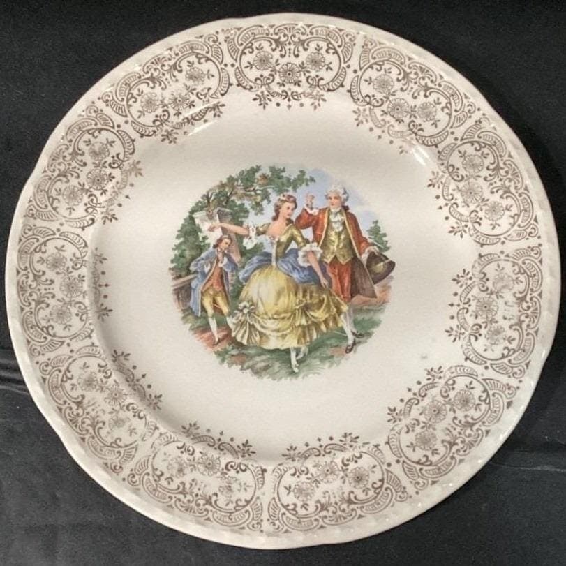 Crooksville China Decorative Plate, Colonial Couple Dancing, Gilded Rim, Vintage - Thumbnail 5