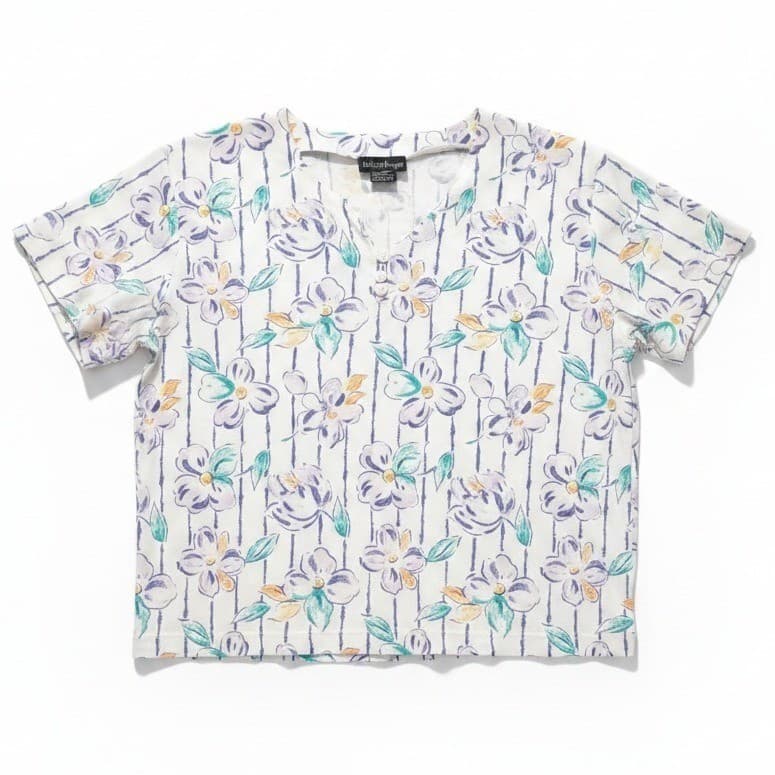 Ashleigh Morgan Floral Stripe Split Neck Short Sleeve Knit Top, Women's Large