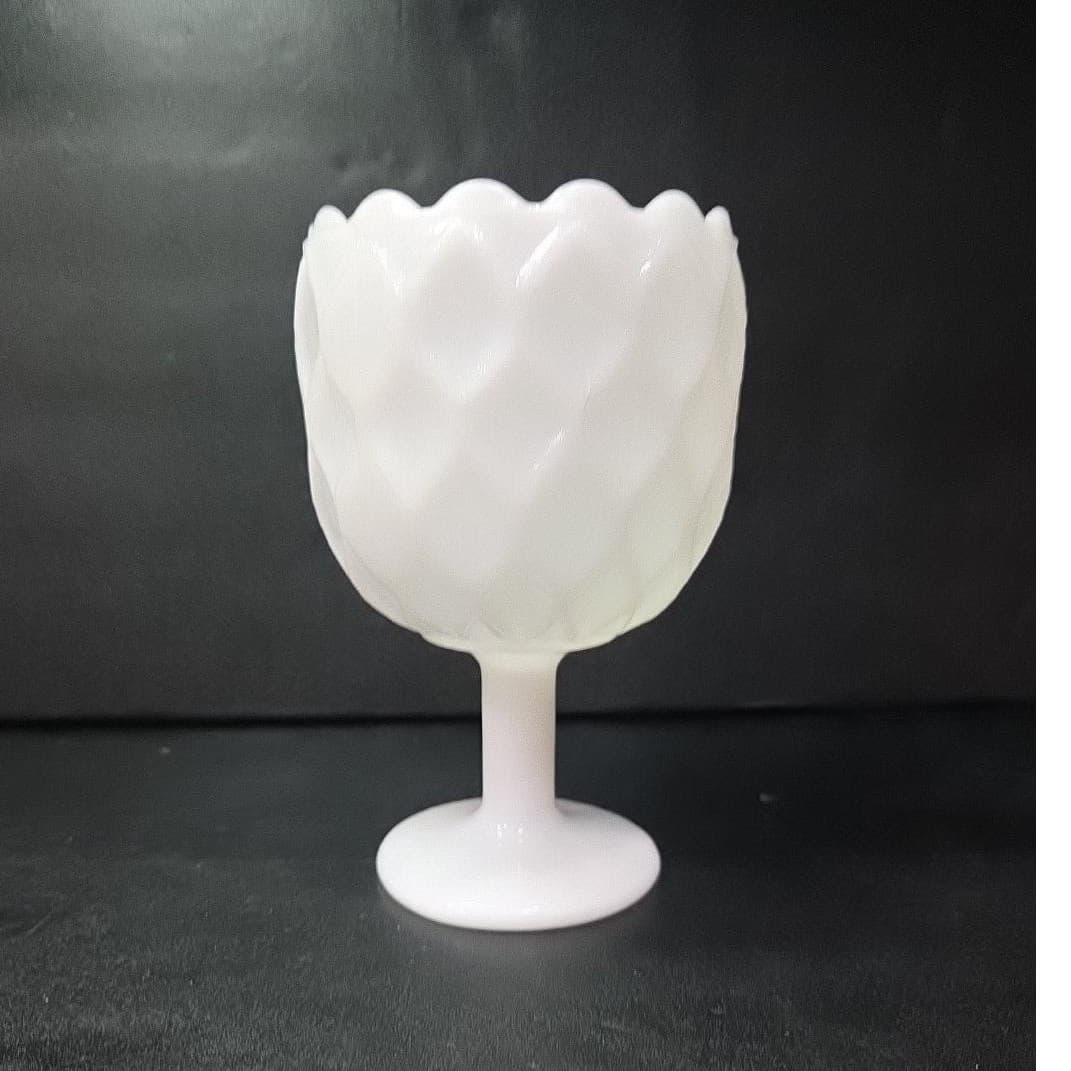 Milk Glass Diamond Design Goblet, Textured Pedestal Compote, Vintage Glassware - Thumbnail 5
